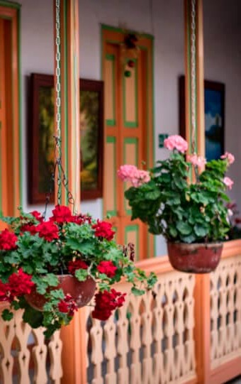 Casas en Jardín Antioquia. Todas de un piso y de diferentes colores. Al fondo se observan las montañas. Reserva un tour en Viajes Comfama