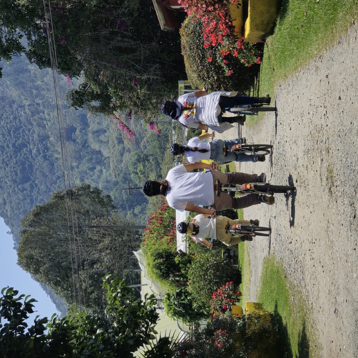 Cuatro personas recorren en bicicleta los Jardines de San Nicolás en La Ceja. Reserva un tour en Viajes Comfama