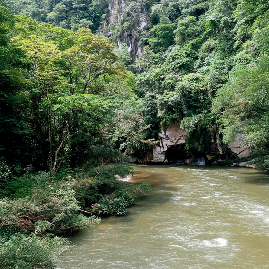 Cañón del río con formaciones rocosas de mármol y abundante flora selvática en el Magdalena Medio colombiano.